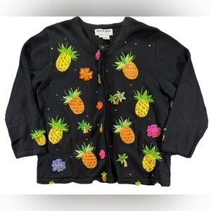 Vintage Jack B Quick Pineapple Cardigan Sweater Women's Petite Medium Black 90s